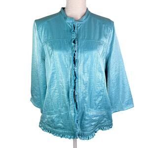Chicos Shimmery Blazer Ruffle Edge 3 XL 16 Turquoise